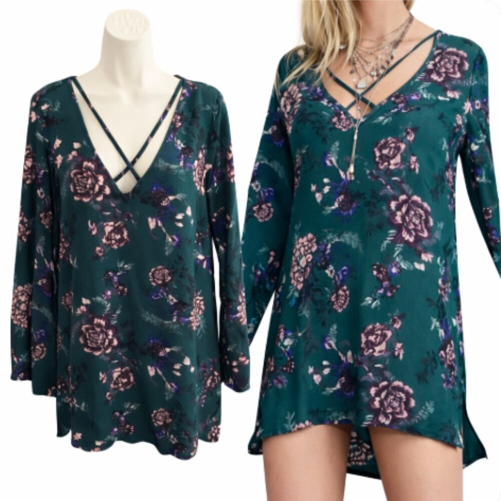 Free People Heartbeat Floral Tunic Dress Emerald Green Boho S